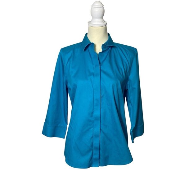 Chico's Blue Non Iron Button Front Placket 3/4 Sleeve Blouse Women's Size Small - Picture 1 of 12